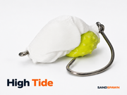 SandSpawn High Tide white and chartreuse artificial sand flea lure rigged with circle hook