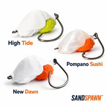 Three SandSpawn artificial sand flea lures showing High Tide, Pompano Sushi, and New Dawn color options.