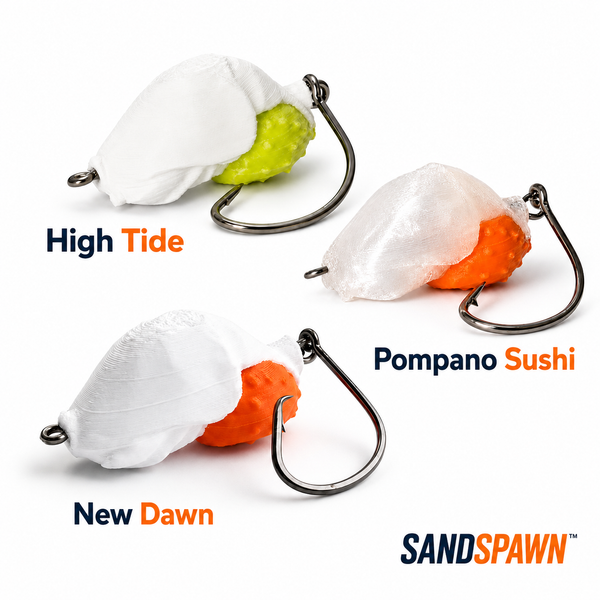 Three SandSpawn artificial sand flea lures showing High Tide, Pompano Sushi, and New Dawn color options.