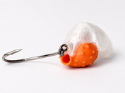 Rear view of the SandSpawn Pompano Sushi artificial sand flea lure showing the scent chamber opening and hook on a white background.