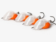 Four SandSpawn Pompano Sushi artificial sand flea lures rigged and ready to fish in pearl and orange.