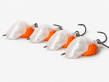 Four SandSpawn Pompano Sushi artificial sand flea lures rigged and ready to fish in pearl and orange.