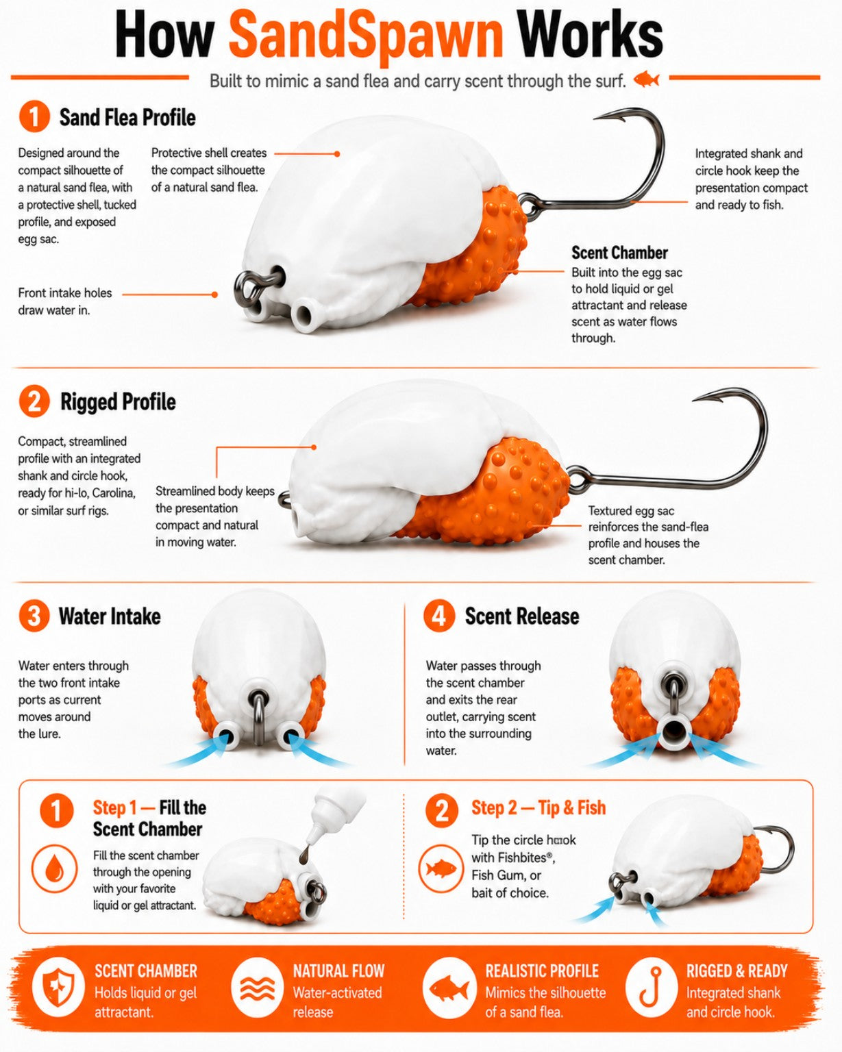 How SandSpawn Works diagram showing the scent chamber, water intake and scent release